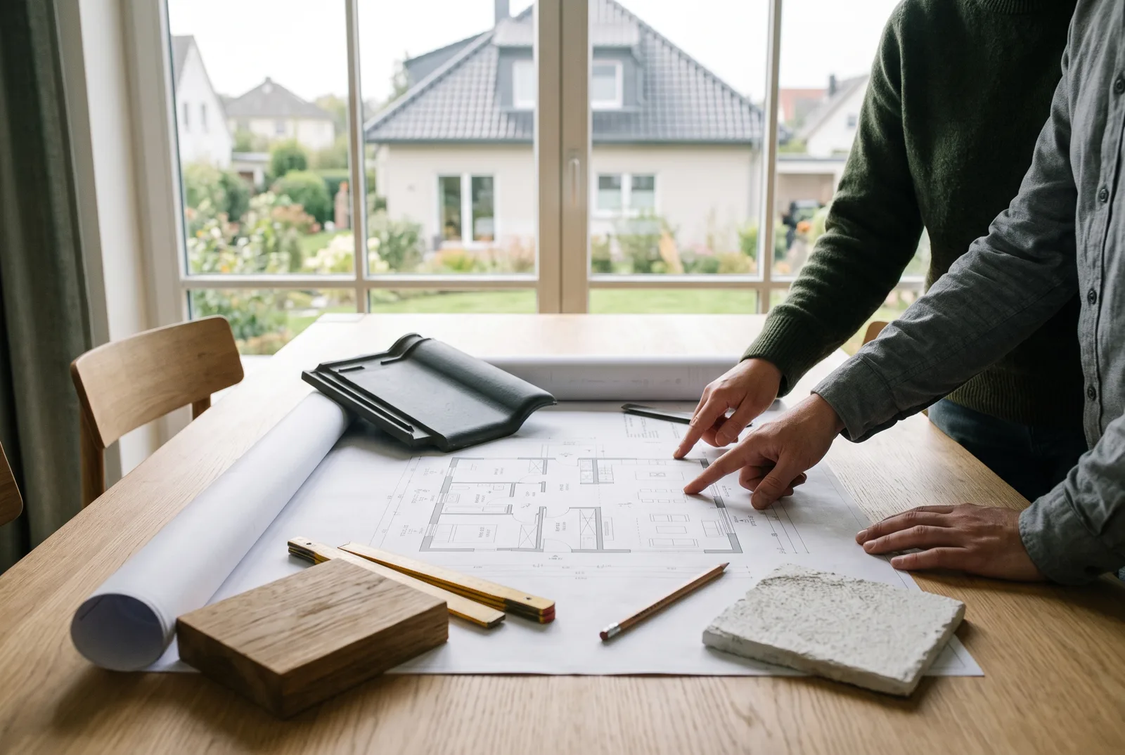 Grundriss-Planung am Tisch eines renovierten Zuhauses — mit Materialmustern, Zollstock und Blick auf ein saniertes Einfamilienhaus